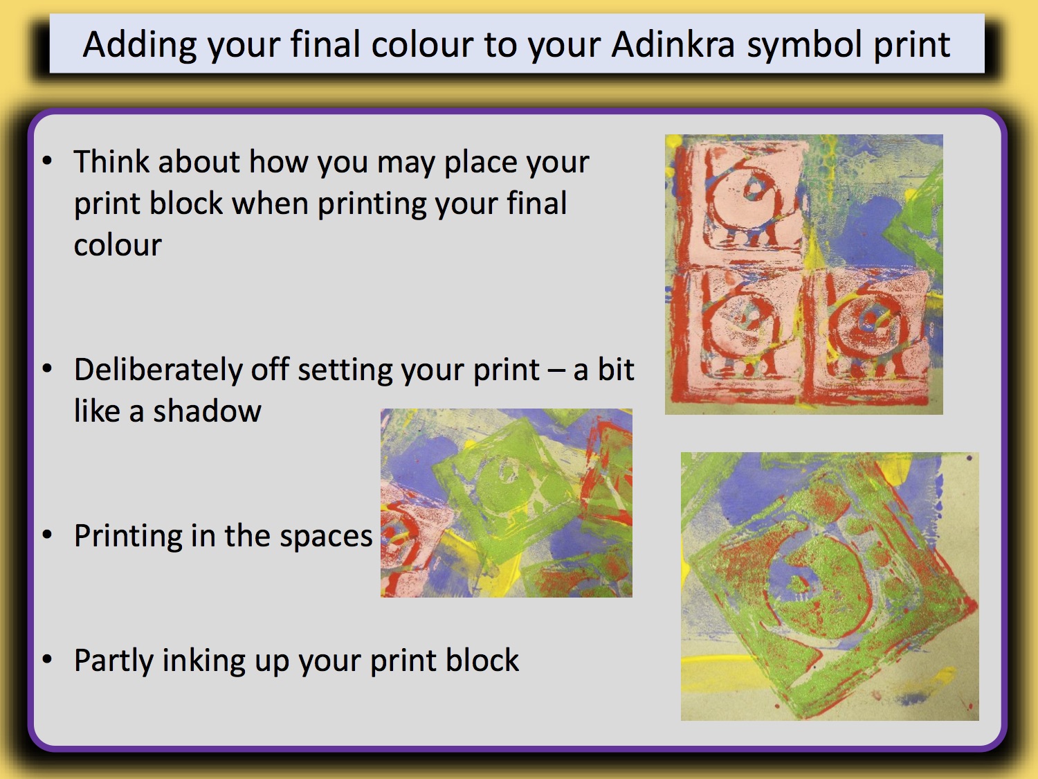 A colorful presentation slide featuring tips for adding final color to Adinkra symbol prints, with instructions on offset printing and partially inking.