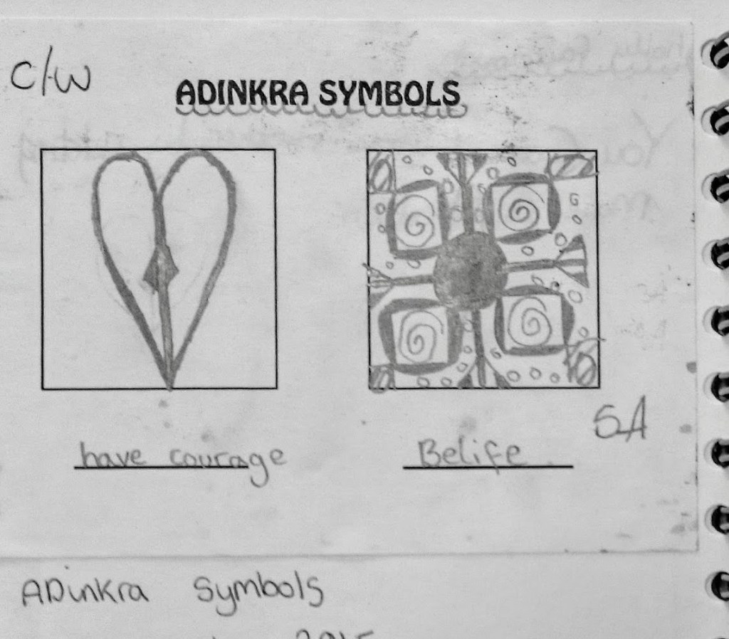 Sketchbook page displaying two Adinkra symbols, one representing 'courage' with a heart shape and arrow, and the other representing 'belief' with decorative swirls and a central circle.