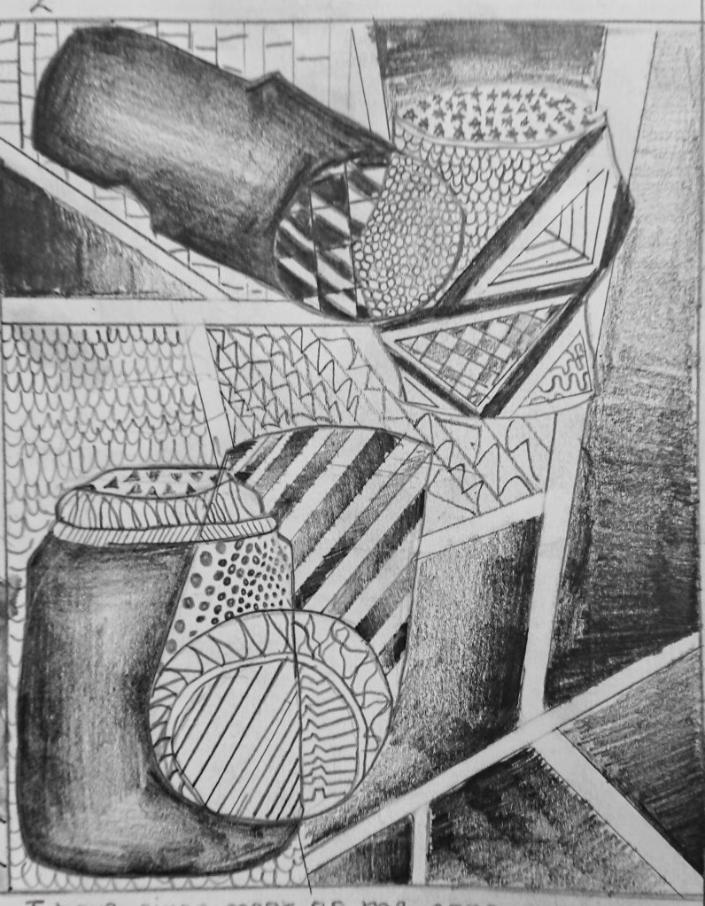 A black and white abstract still life drawing featuring various geometric shapes and patterns, including jars and bowls, arranged in a dynamic composition.