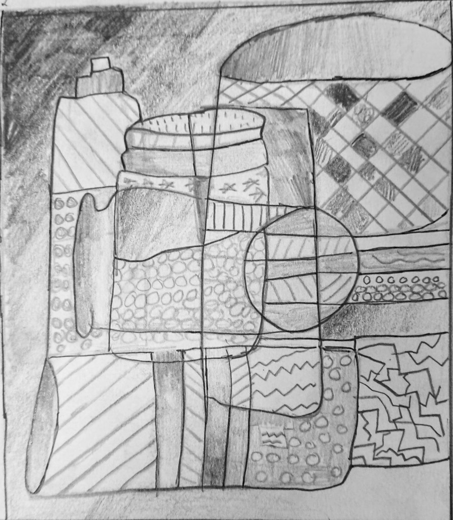 Abstract still life drawing featuring various containers and patterns, created with pencil shading and outlines.