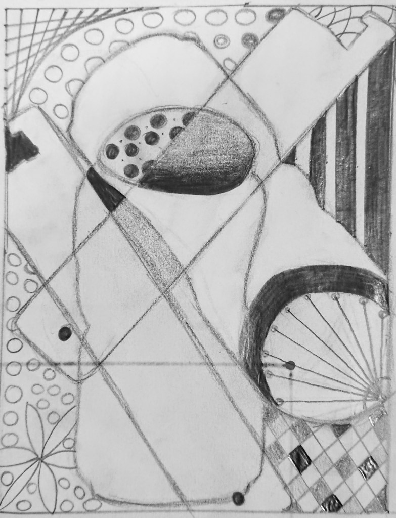 Abstract still life sketch featuring geometric shapes, overlapping objects, and various patterns in monochromatic pencil.