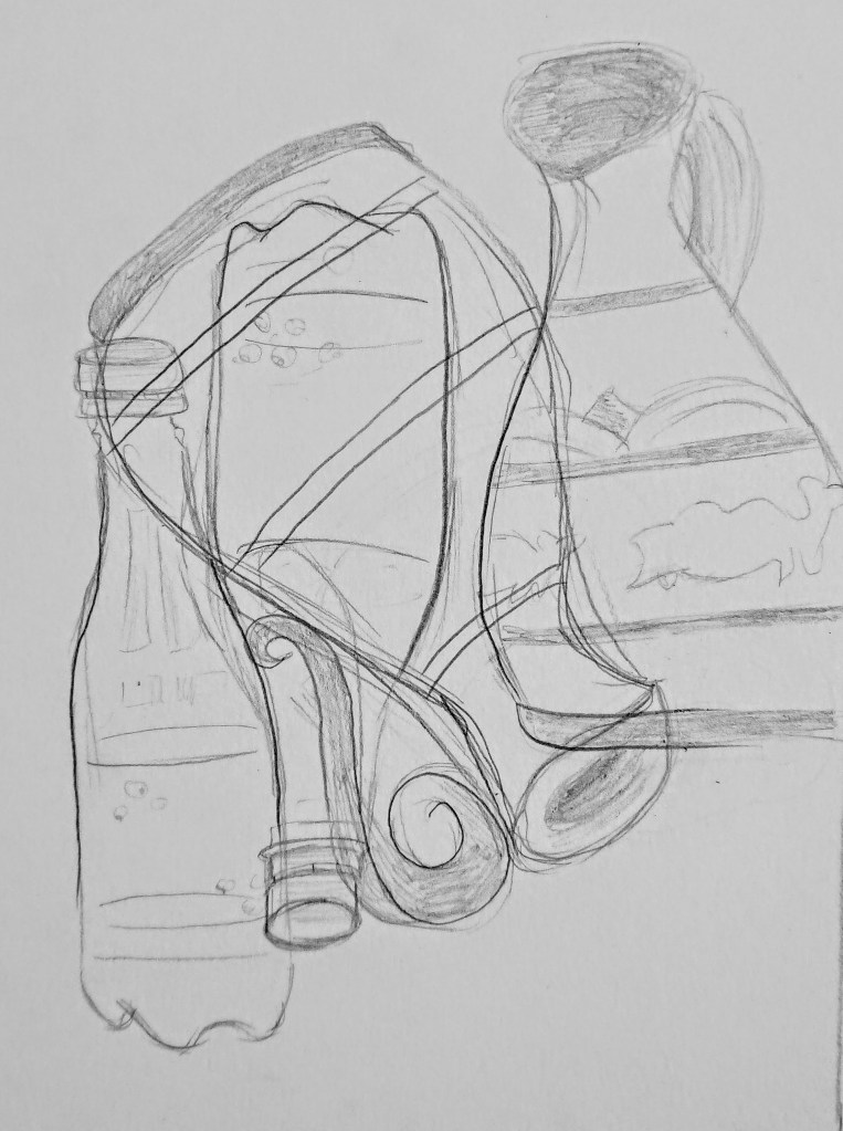 A pencil sketch depicting overlapping bottles and a jug, showcasing outlines and shapes for an abstract still life project.