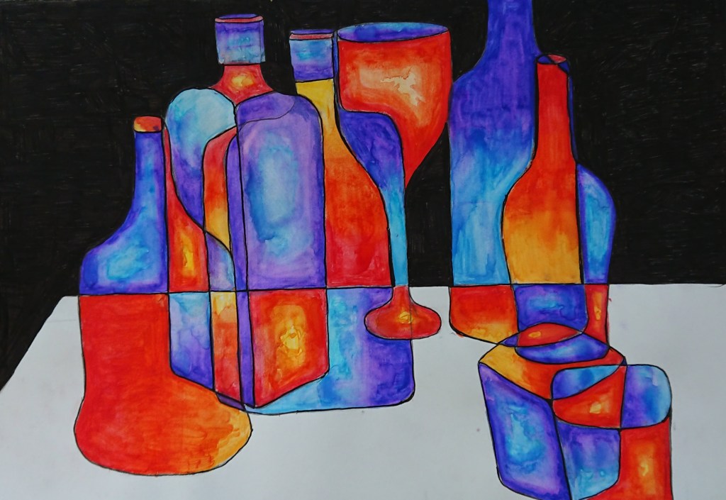 An abstract still life painting featuring various shaped bottles and glasses in vibrant colors against a black background.