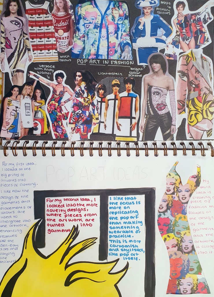 A sketchbook page featuring various collages of pop art fashion designs, including colorful garments and sketches. The page includes handwritten notes detailing artistic ideas and reflections on the integration of pop art into clothing.