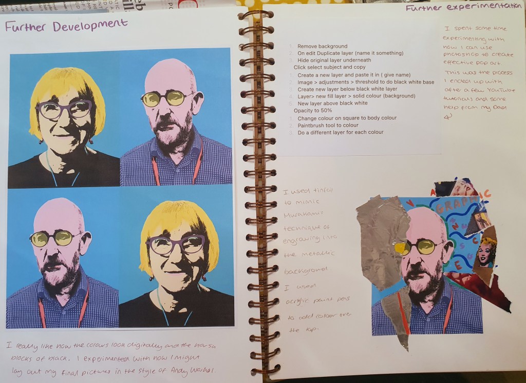 Sketchbook page showcasing further development and experimentation in GCSE art, featuring digital images and notes on artistic techniques.