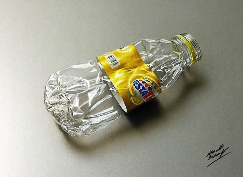 Realistic drawing Marcello Barenghi - plastic bottle crushed