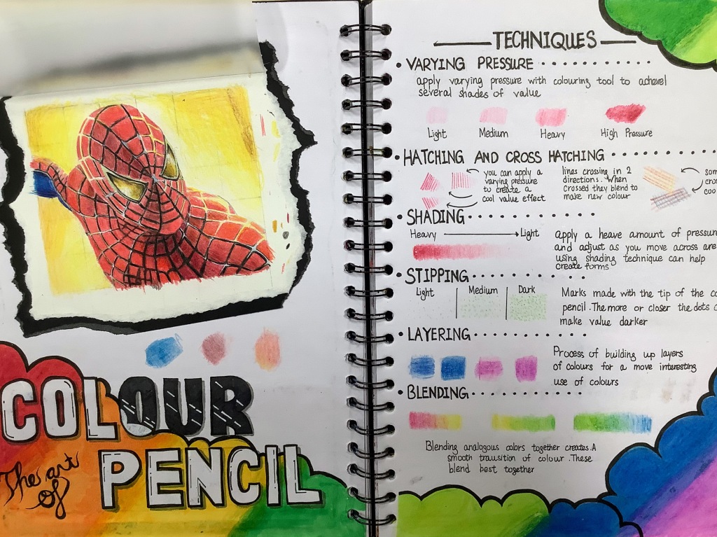 A sketchbook page featuring a colorful drawing of a superhero character, along with annotations on various coloring techniques such as varying pressure, hatching, shading, stipping, layering, and blending.