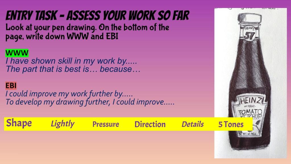 Illustration of a pen drawing assessment sheet with a sketch of a Heinz Tomato Ketchup bottle, featuring sections for student reflection labelled 'WWW' and 'EBI'.