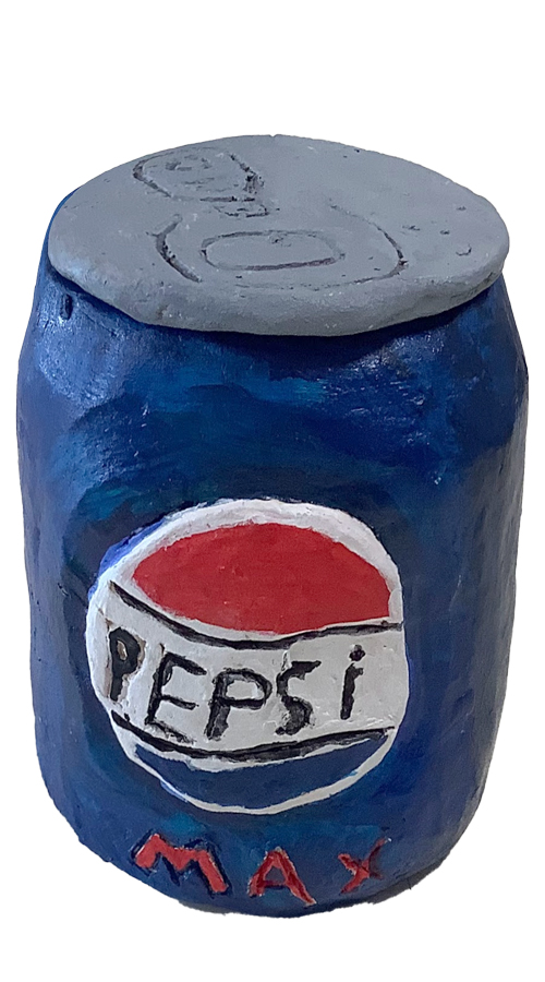 A hand-painted clay model of a Pepsi Max can, featuring the iconic logo and a grey lid.