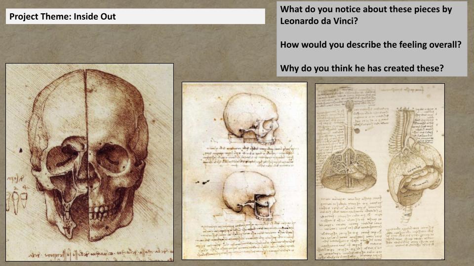 Slide featuring anatomical drawings of a skull and human organs by Leonardo da Vinci, displayed under the project theme 'Inside Out'. GCSE Art Drypoint Etching project - inside out