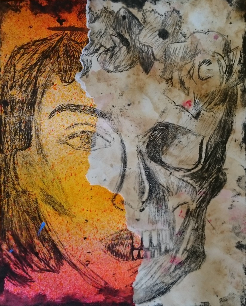 drypoint etching image skull