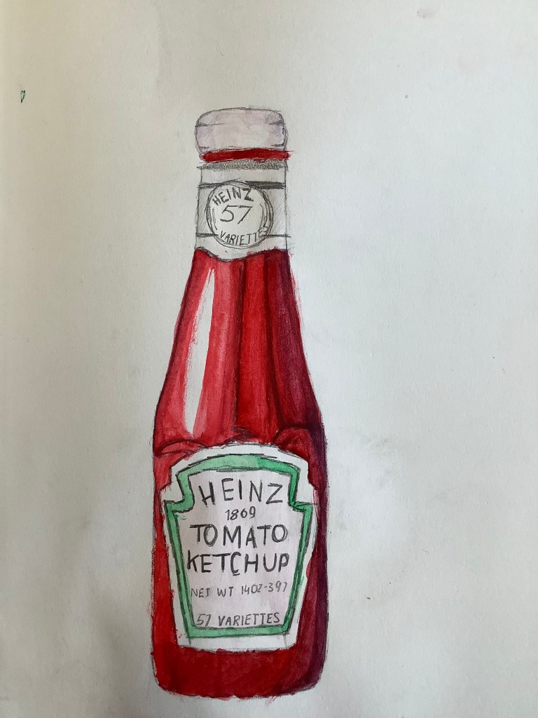 A hand-drawn illustration of a Heinz tomato ketchup bottle, showcasing vibrant red and green colors with detailed labeling, including the '57 varieties' emblem.