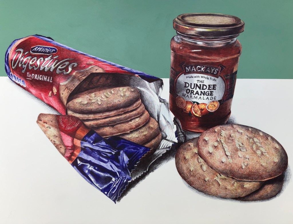 Nicola McBride Scottish biro pen art - McVities biscuit pen drawing