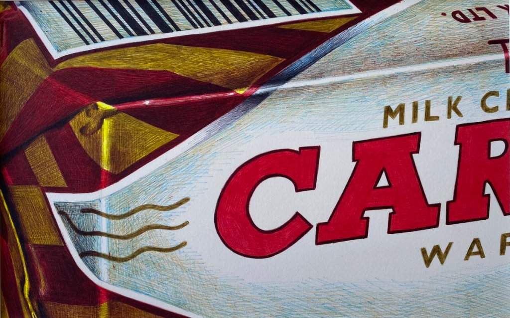 Nicola McBride biro pen art - Caramel water biscuit drawing close up