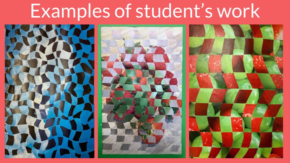 Three examples of woven photographs created by students, showcasing a variety of colors and patterns.