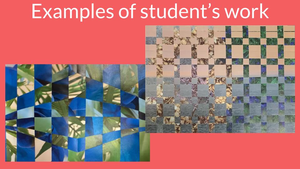 Examples of students' woven photographic work, showcasing creative use of color and texture.