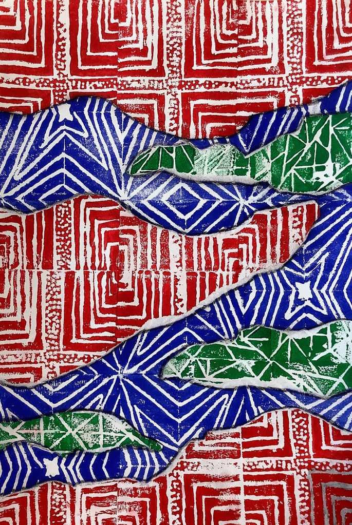 A colorful print showing a blue and green design intertwined over a red patterned background, showcasing a mix of geometric shapes and textures.