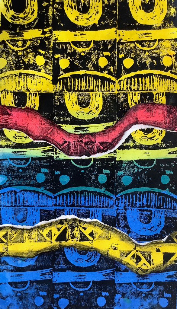 A vibrant printmaking design featuring layered patterns in yellow, blue, and black with red and white accents showcasing a creative, artistic expression.