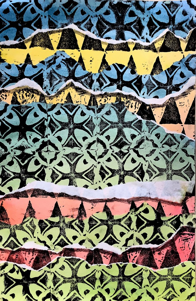 A vibrant printmaking artwork featuring colorful geometric patterns in blue, yellow, green, and black, with a textured, layered appearance.