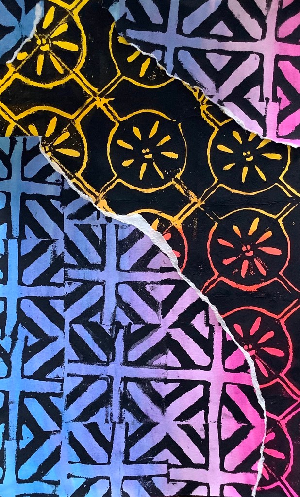 Close-up of two overlapping patterned print designs, showcasing intricate shapes and vibrant colors in a mix of yellow, pink, and blue on a dark background.