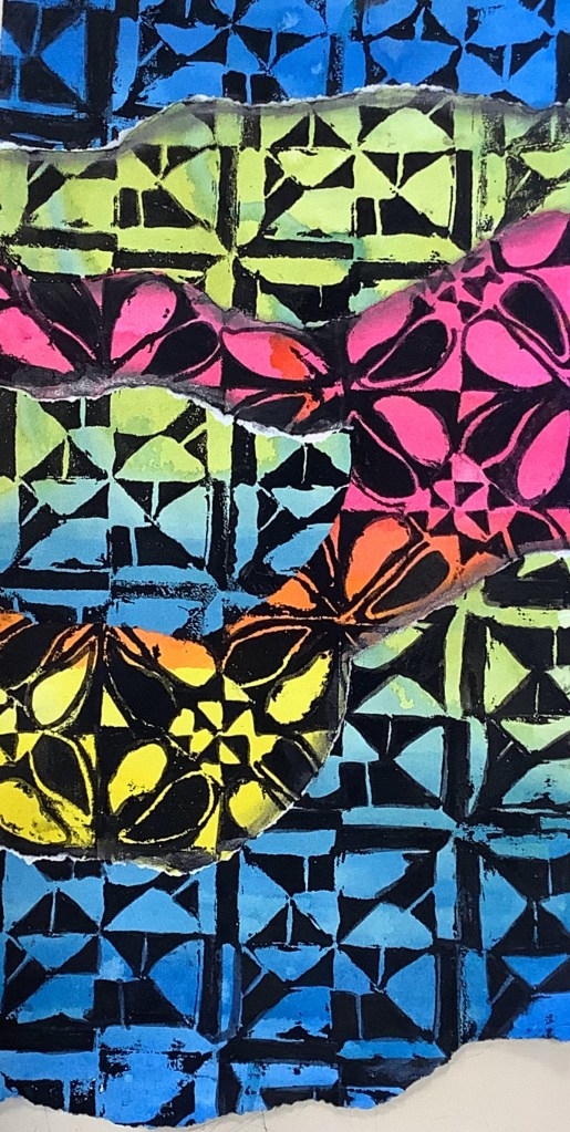 An abstract print featuring a vibrant mix of geometric patterns in bright colors such as pink, yellow, green, blue, and black, with a torn edge effect.