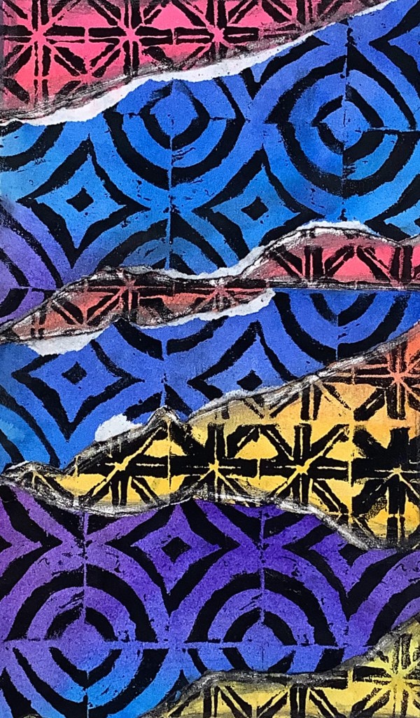 A colorful printmaking artwork featuring layered patterns in shades of pink, blue, purple, and yellow, showcasing a mix of geometric shapes and textures.