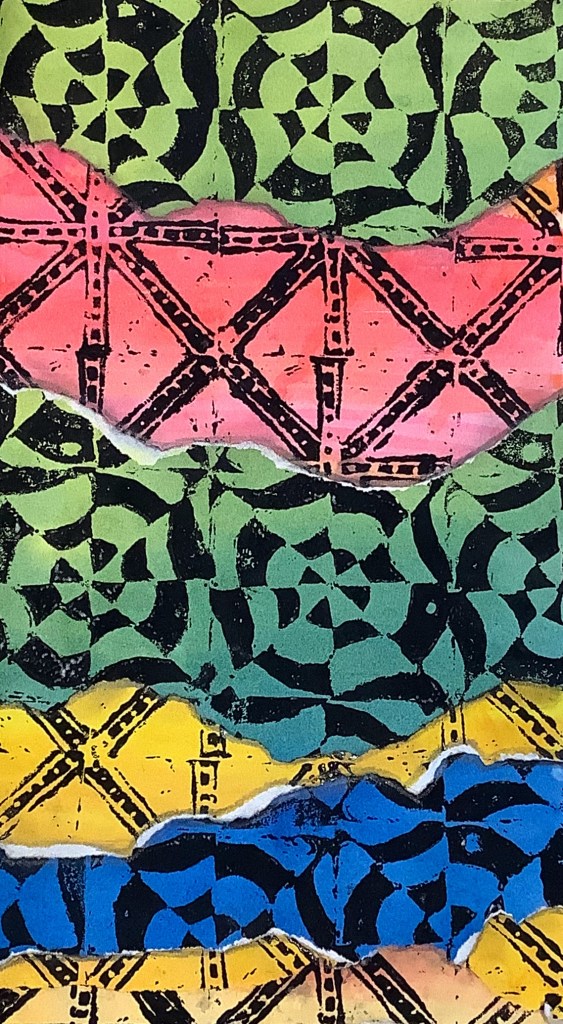 A colorful printmaking project featuring layered patterns in green, pink, yellow, and blue, showcasing geometric designs and textures.
