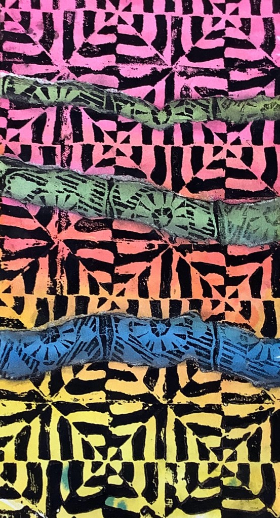 A vibrant printmaking project featuring layered patterns with bold colors, created using various printmaking techniques.
