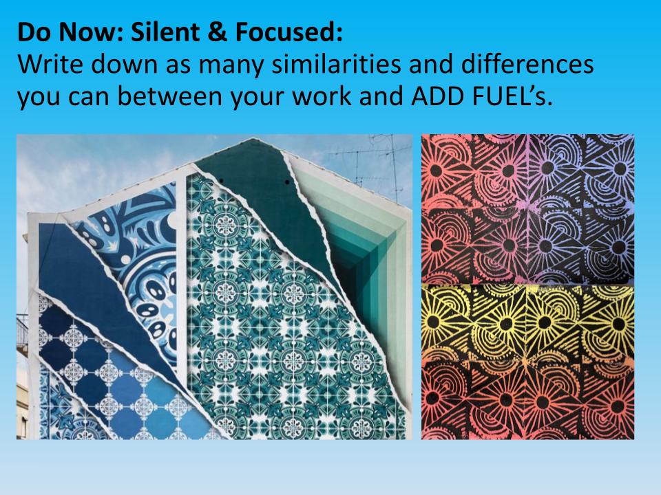 A collage featuring two distinct patterns: one inspired by tile designs in shades of blue on a building, and another in vibrant colors and geometric designs, possibly related to street art.