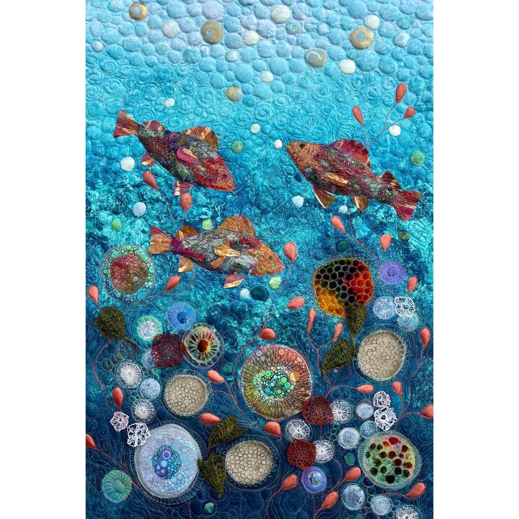 Michelle Mischkulnig - Colorful textile art depicting vibrant fish swimming among intricate underwater flora and fauna, emphasizing a dynamic aquatic environment created through detailed stitching and fabric manipulation.