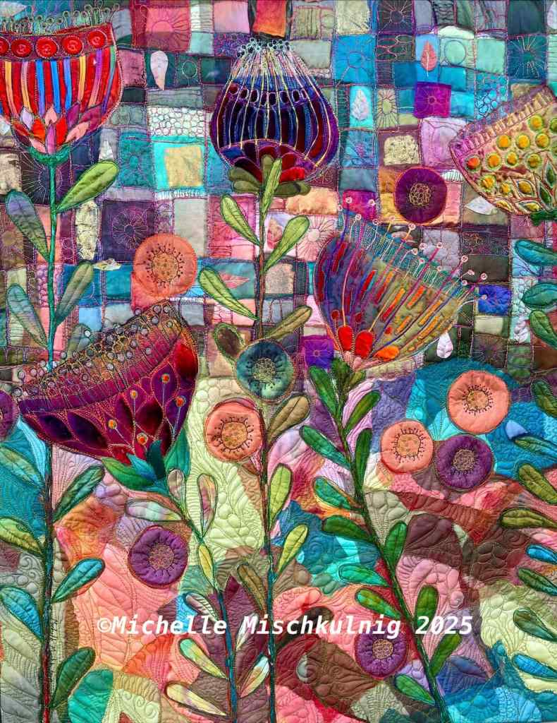 Michelle Mischkulnig - Colorful textile artwork featuring vibrant flowers against a patchwork background, showcasing intricate stitching and patterns.
