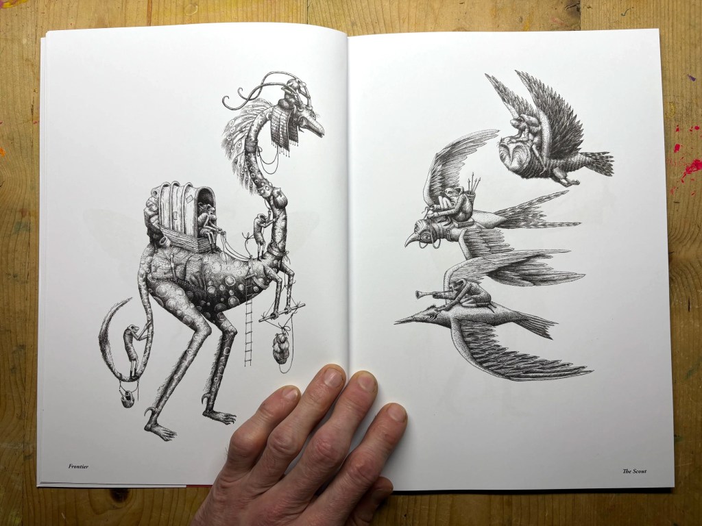 An open book displaying two intricate illustrations by the artist Phlegm. The left page features a fantastical creature resembling a hybrid between a bird and a reptile, with a rider on its back. The right page showcases a series of stylized birds in various poses, each with unique features and details, all rendered in detailed black and white line work.