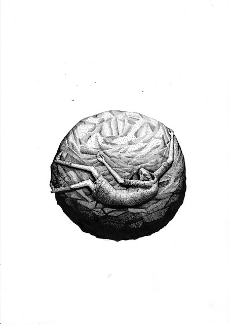 A detailed black and white illustration of a person lying on a circular rock surface, surrounded by intricate patterns that create a sense of depth and texture.