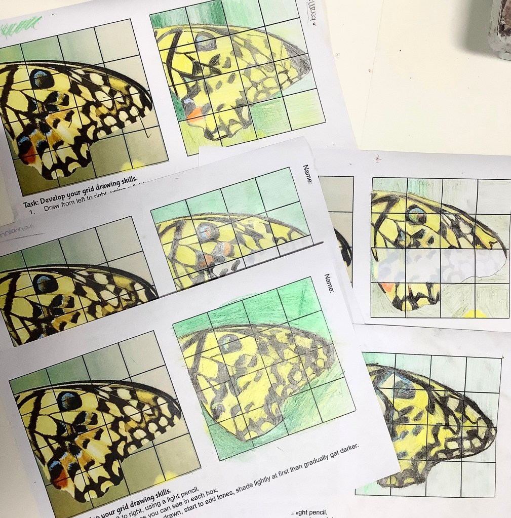 Grid drawing worksheets showing a butterfly drawing in progress with colored sections and instructions.