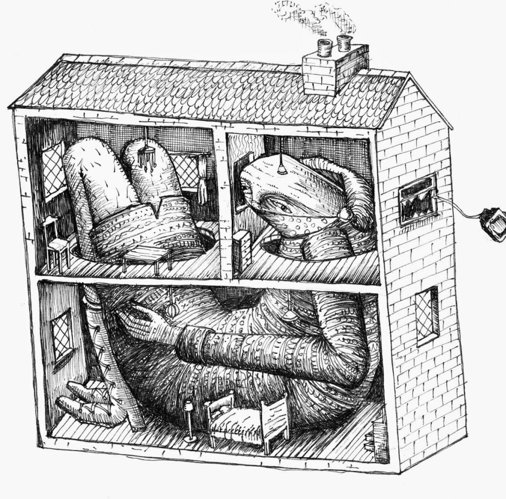 An illustrated cross-section of a house featuring large, surreal creatures within its rooms. The detailed line work shows a whimsical design that combines fantastical elements with an architectural setting.
