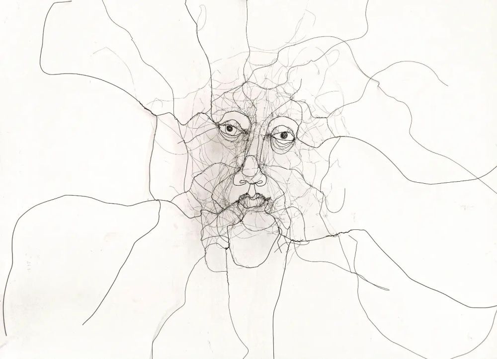 An abstract wire portrait sculpture by Fiona Morley, featuring a fragmented face and flowing lines that evoke a sense of movement.