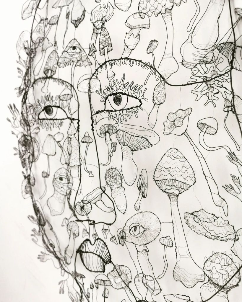 A detailed wire sculpture features human-like faces surrounded by intricate drawings of mushrooms and organic shapes, showcasing themes of nature and emotional expression.