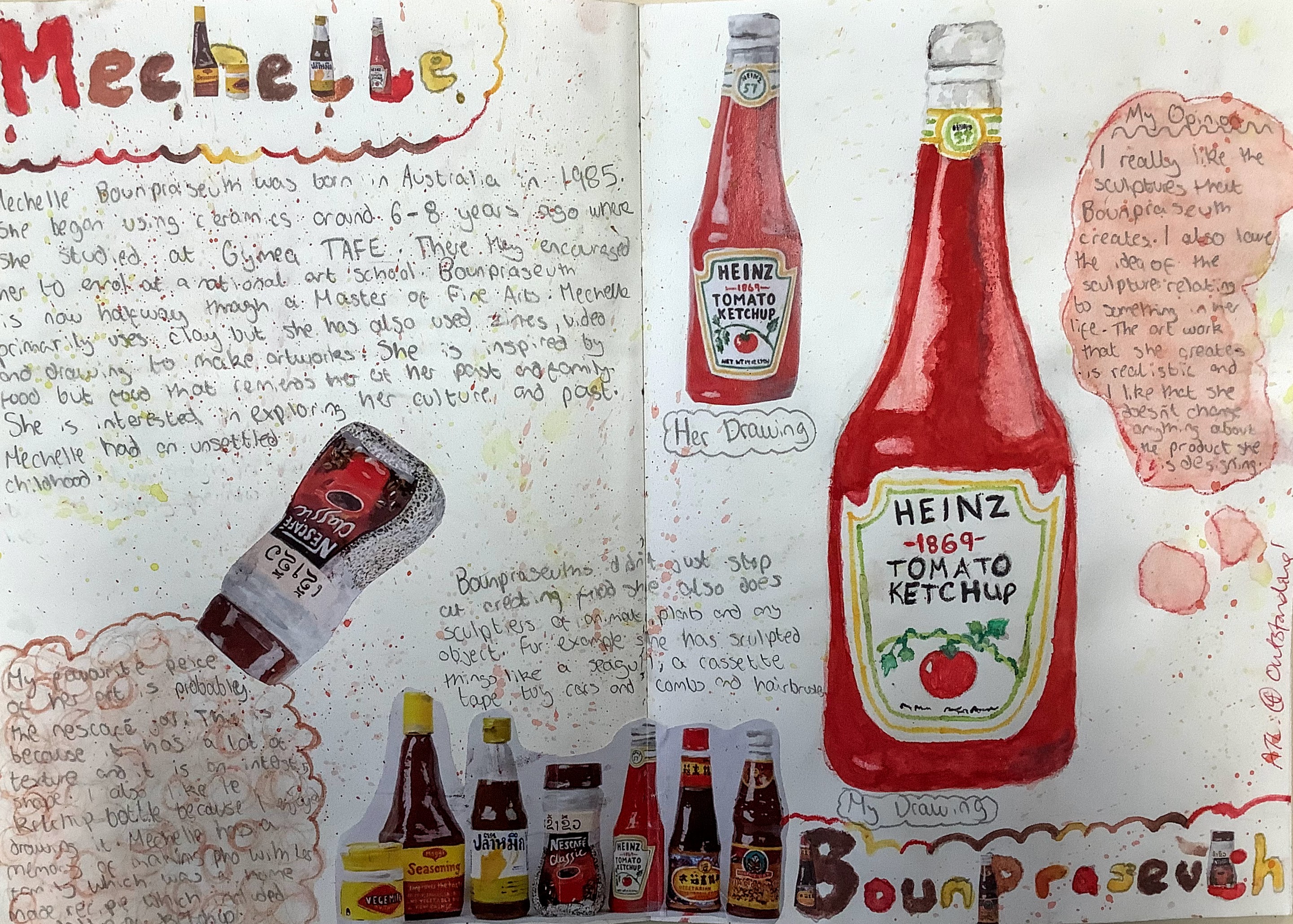A student's illustrated artist research page featuring drawings and descriptions related to the artist Mechelle Bounpraseuth, showcasing ketchup bottles and reflections on her work.