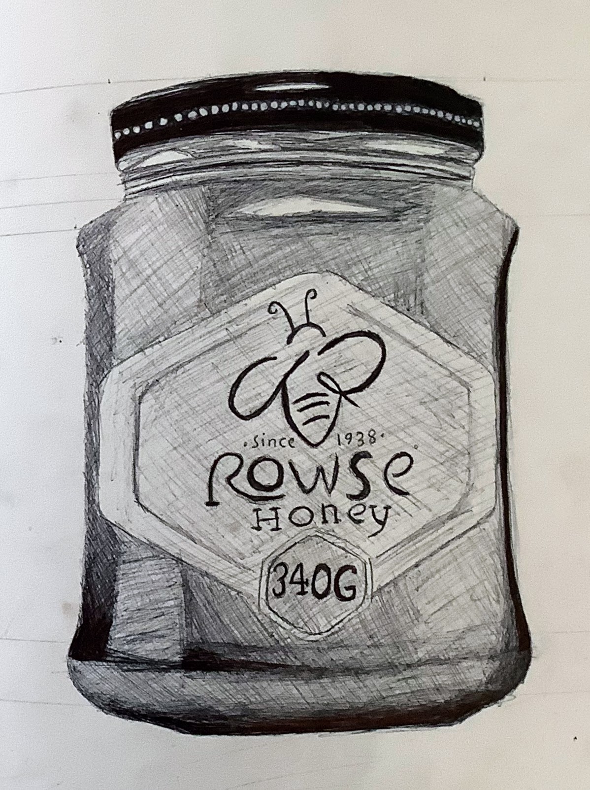 A pencil drawing of a honey jar with a hexagonal shape, featuring the Rowse Honey label, showcasing details like the bee logo and weight in grams.