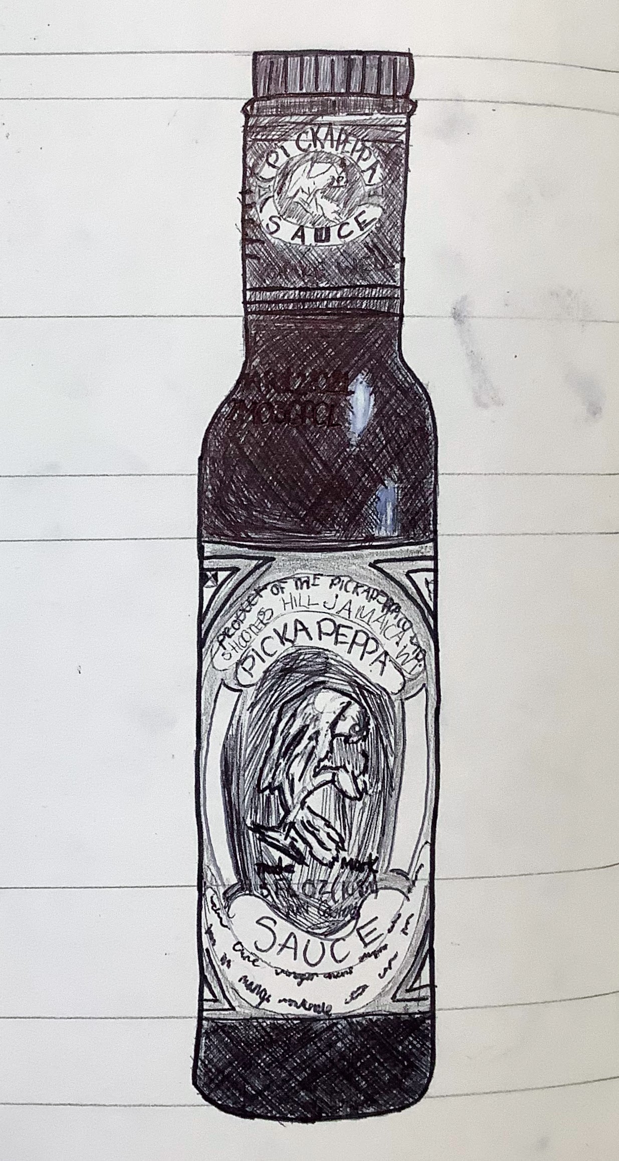 A hand-drawn illustration of a bottle of Pickapeppa sauce, featuring detailed labeling and a design inspired by food culture.