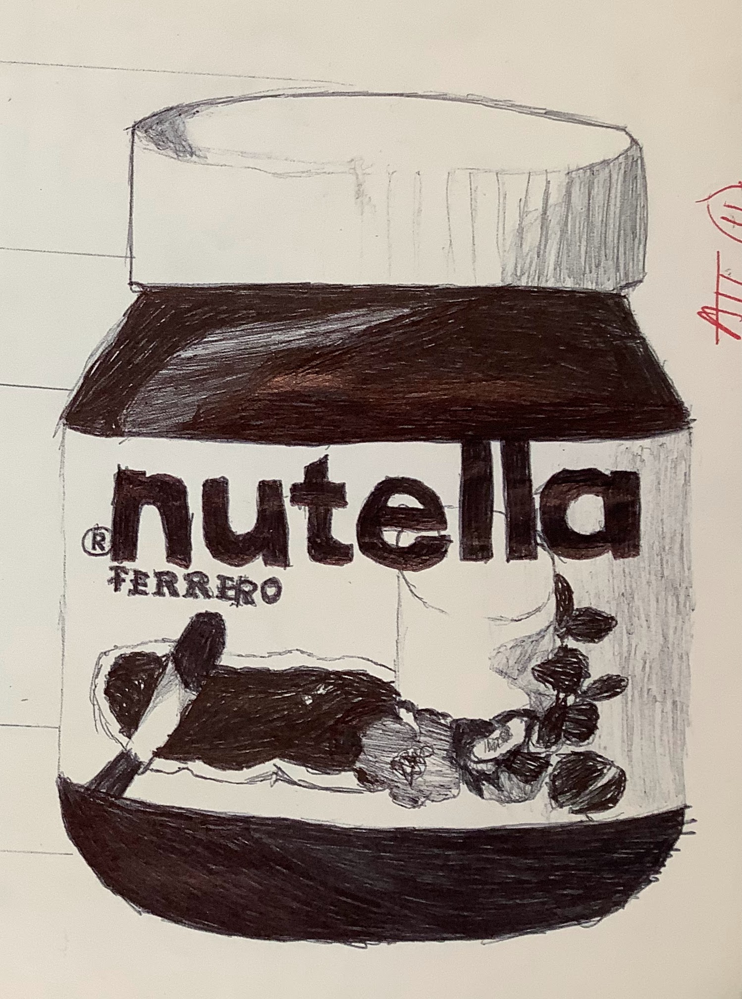 A detailed drawing of a Nutella jar, showcasing the label with the word 'Nutella' and the logo, along with a spoon resting on the jar's surface.