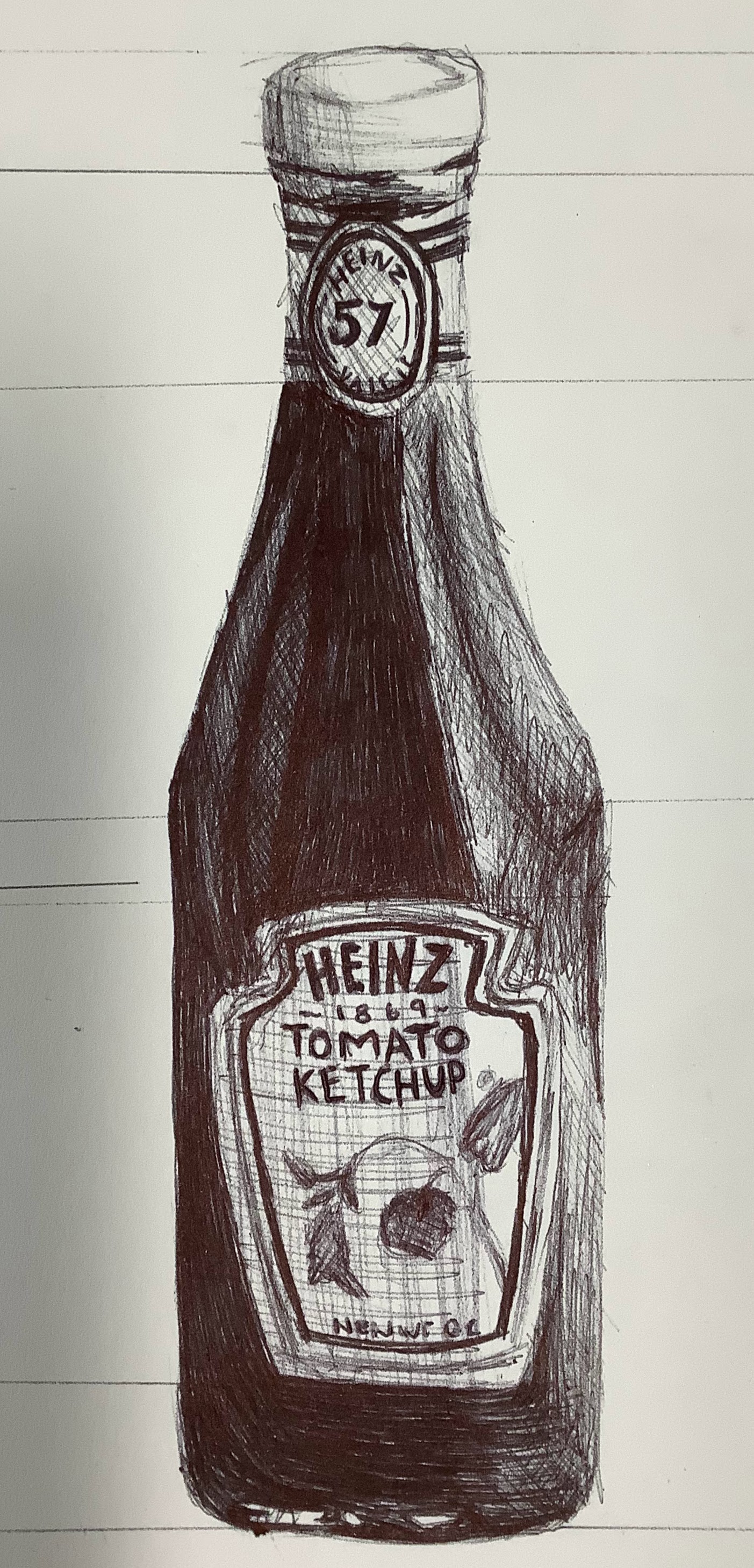 A student sketch of a Heinz tomato ketchup bottle, detailing the label and bottle shape with intricate shading.