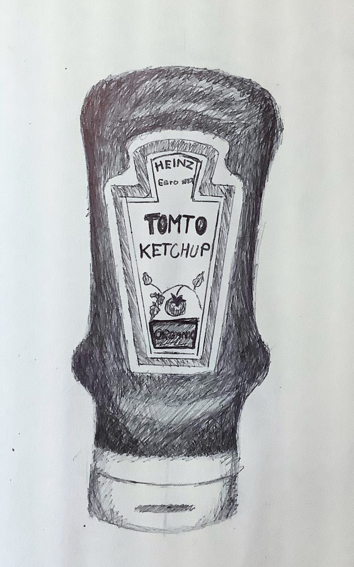 A pencil drawing of a ketchup bottle labeled 'TOMTO KETCHUP' with a design similar to Heinz ketchup packaging.