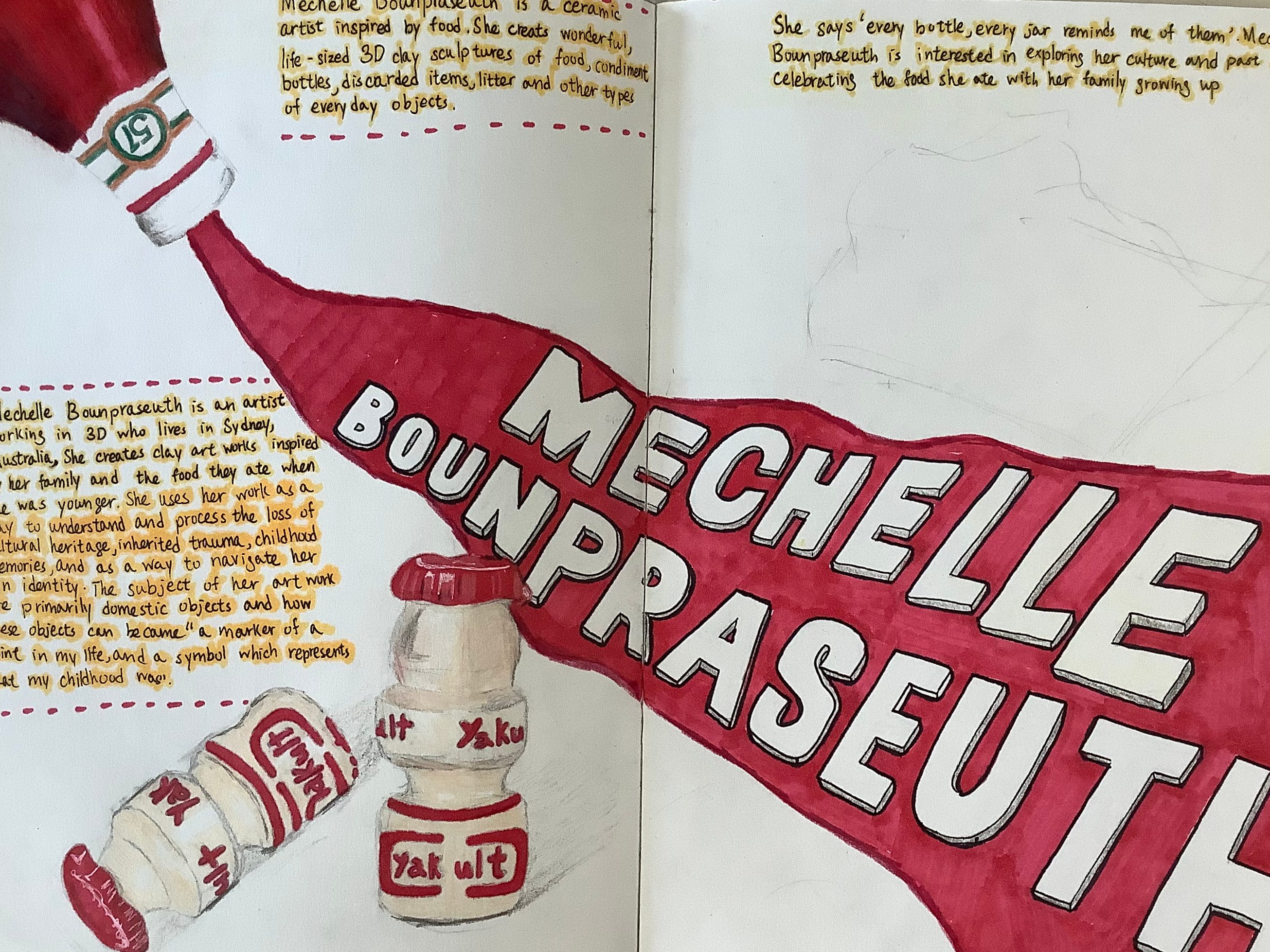 Illustration of clay condiment bottles with the name Mechelle Bounpraseuth highlighted, featuring descriptive text about her art inspired by food.