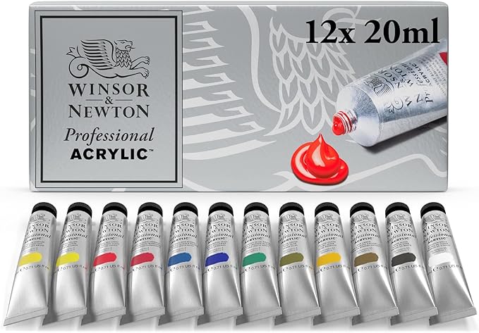 Set of 12 tubes of Winsor & Newton Professional Acrylic paint, each containing 20ml, displayed in a box featuring a design and a red paint squeeze on the front.