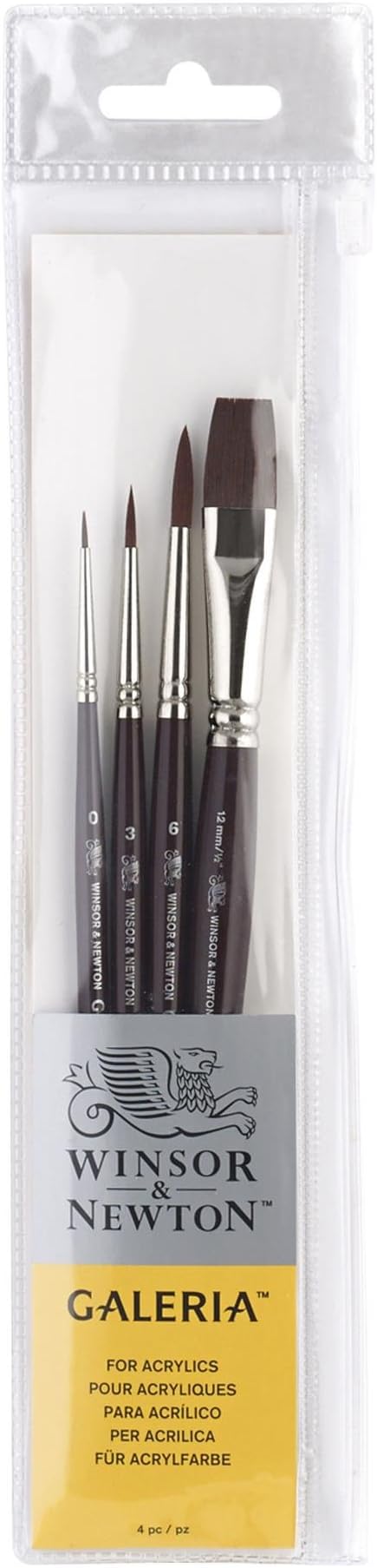 A pack of Winsor & Newton Galeria acrylic paint brushes, including four different brushes of various sizes, displayed in transparent packaging.