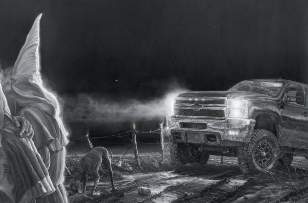 A black and white illustration depicting a hooded figure on the left, a dog in the foreground, and a large truck emitting exhaust on a dark, rural background.