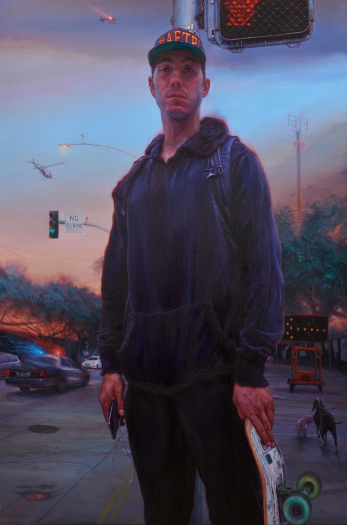 A young man stands on a city street corner holding a skateboard and a phone, wearing a hoodie and a cap that reads '#AFTB'. Traffic signals and a police car are visible in the background. Vincent Valdez - Mr Checkpoint