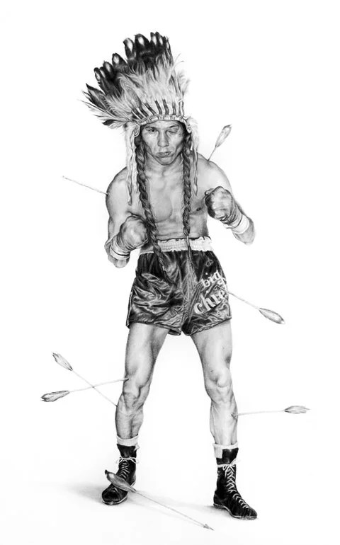 A black and white illustration of a muscular boxer wearing a feathered headdress, standing in a boxing stance with arrows embedded in his body.