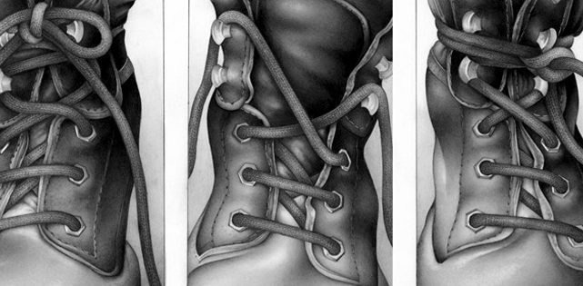 Close-up of a brown leather boot with detailed shoelacing techniques, displayed in three panels showing different lacing methods.